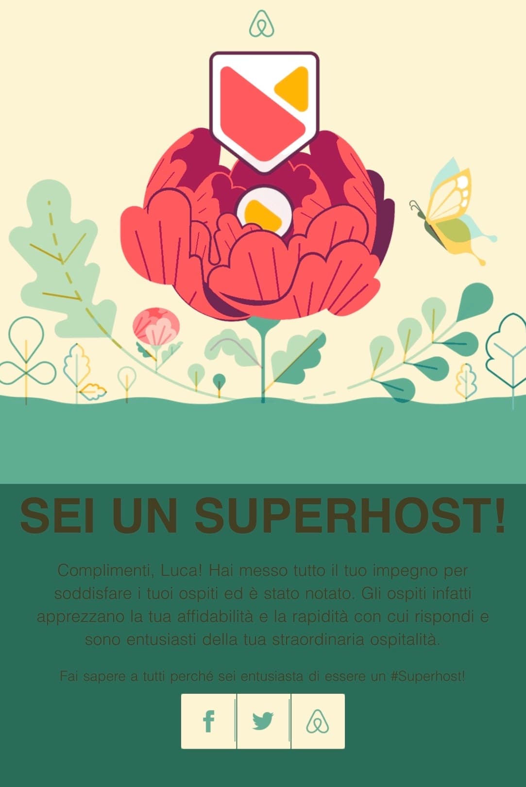 Riconoscimento Superhost ricevuto da Luca